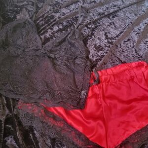 Lace Bralette & Satin Shorts Sleep Set - Black Lace / Red Satin